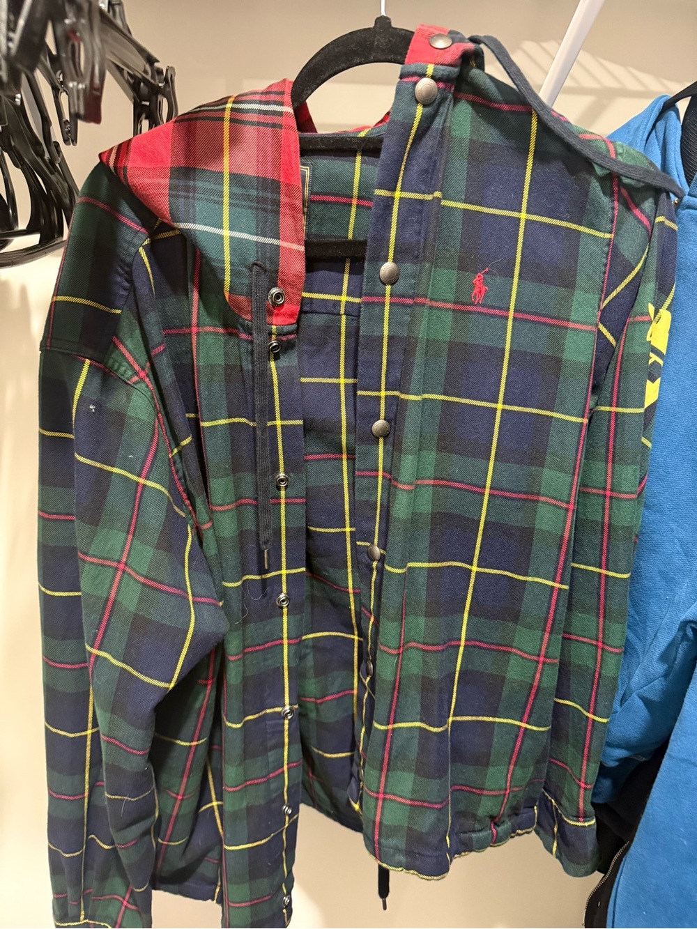 Ralph Lauren Men's Green & Navy Plaid Hooded Shirt Jacket